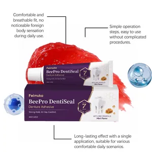 Detailed view of Feimuko BeePro DentiSeal denture adhesive tube and packaging with benefits