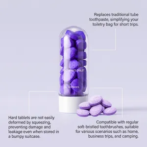Infographie détaillée montrant des tablettes de dentifrice violettes pour le voyage