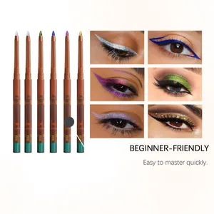 Détail de six eye-liners gel colorés avec exemples de maquillage yeux éclatants