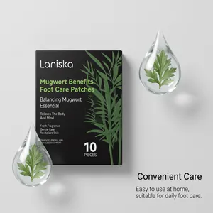 Close-up of Laniska mugwort foot care patches packaging with decorative water drops