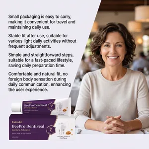 Woman smiling confidently with BeePro DentiSeal denture adhesive product benefits text