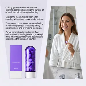 Détail des comprimés de dentifrice violets en flacon capsule avec avantages produit.