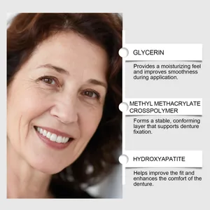 Detailed ingredient list for denture adhesive showing glycerin and hydroxyapatite benefits.