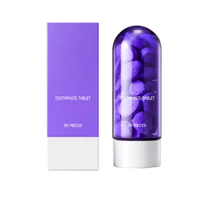 Pastilles de dentifrice violettes pour haleine fraîche et nettoyage buccal, boîte de 30 pièces.