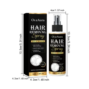 OceAura spray dépilatoire 100ml flacon et boîte avec dimensions pour hommes et femmes