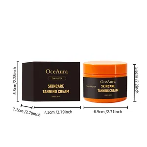 Produktabmessungen der OceAura Bräunungscreme 150g mit Dosen- und Kartongröße in Zoll