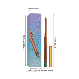 Gros plan sur un crayon eye-liner gel sarcelle avec les dimensions précises de l'emballage.