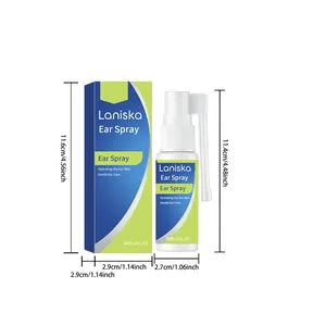 Product dimension diagram of LANISKA Ear Spray bottle and packaging box, 30ml size