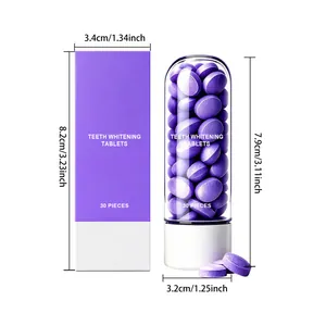 Dimensions de 30 pastilles de blanchiment dentaire violettes dans un flacon portable