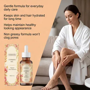 Woman applying Cyperus oil to her leg for natural hair removal in a bright home setting