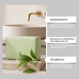Dettaglio che mostra gli ingredienti naturali del sapone al tea tree e i loro benefici.