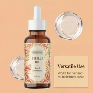Detail view of 60ml Cyperus oil bottle for natural hair removal on peach background.