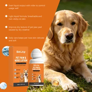 Lotion EelJoy pour pattes et truffe d'animaux, applicateur à bille et golden retriever.