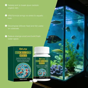 EelJoy 100g aquarium water purification tablets shown with clear fish tank scene