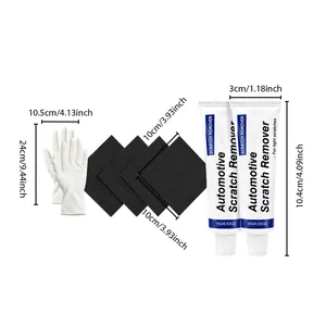 Dimensions détaillées du kit efface-rayures auto avec tubes, éponges et gants inclus