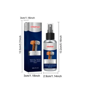 Detailed dimensions of JAKEHOE 30ml multipurpose rust remover spray and box.