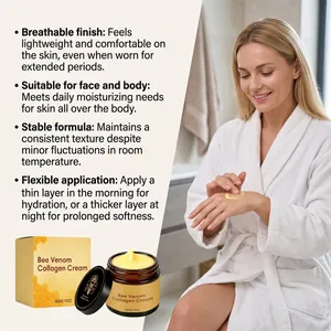 Λεπτομέρεια υφής κρέμας Bee Venom Collagen και εφαρμογή στο δέρμα από μοντέλο σε δωμάτιο