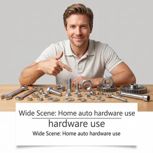 Professional display of shiny steel nuts, bolts and wrenches on a rustic wooden table