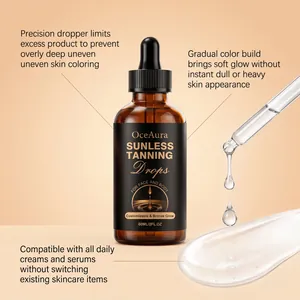 Gocce autoabbronzanti OceAura che mostrano la texture del siero e l'effetto bronzo naturale