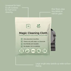 Detailed view of magic cleaning cloth packaging highlighting microfiber features