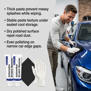Vue détaillée du kit de réparation de rayures auto avec pâte, éponge et gants blancs.