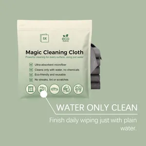 Detail of magic cleaning cloth packaging highlighting water-only cleaning feature