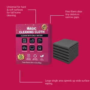 Detalle de 6 paños de limpieza de microfibra grises con funciones para el hogar.