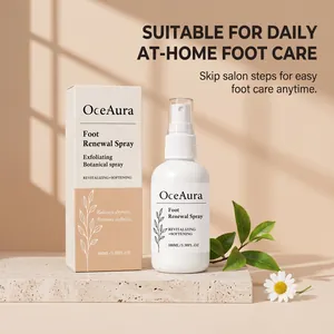 Detailed shot of OceAura Foot Renewal Spray with botanical ingredients and packaging