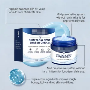 Botanische Creme gegen Hautanhängsel und Flecken mit beruhigender blauer Geltextur.