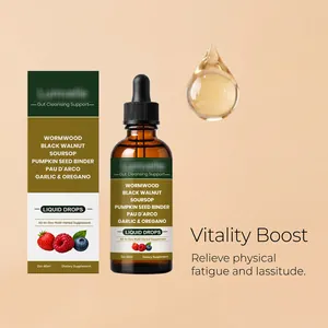 High-quality detailed view of gut cleansing liquid drops and herbal supplement packaging