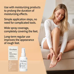 Lifestyle view of OceAura foot renewal spray being applied to skin for moisturizing