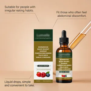 Detailed view of herbal gut cleansing supplement bottle and packaging with ingredients list.