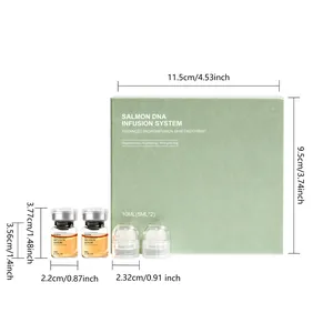 Detaillierte Maße des Lachs-DNA-Serum-Sets mit PDRN-Fläschchen und Infusionskappen.
