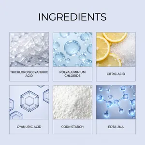 Vista detallada de los ingredientes de las tabletas de limpieza de piscinas.