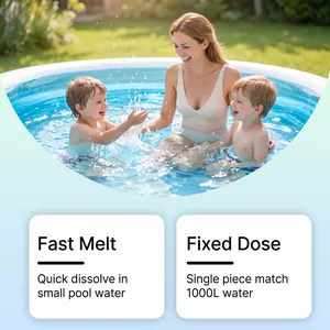Detalles de pastillas de limpieza de piscinas con instrucciones de dosis y disolución.