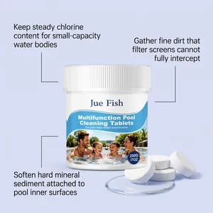 Vista detallada de pastillas Jue Fish para piscina con beneficios de mantenimiento