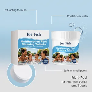 Vista detallada de las tabletas de limpieza Jue Fish para piscinas con notas de funcionalidad