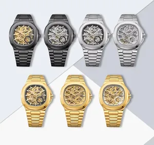 Group view of automatic mechanical watches in gold, silver, and black finishes