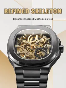 Close-up detail of premium automatic mechanical skeleton men's watch with visible golden gears