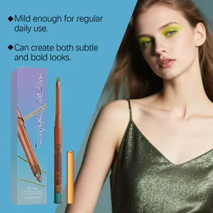 Détail de l'eye-liner gel bleu-vert avec mannequin montrant un maquillage des yeux