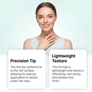 Close-up detail of nail care serum features showing precision tip and lightweight formula