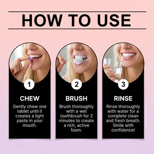 Guide d'utilisation en trois étapes des comprimés de dentifrice violet blanchissant.