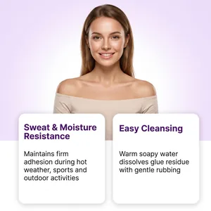 Feature detail of body glue roll-on showing sweat resistance and easy cleansing benefits