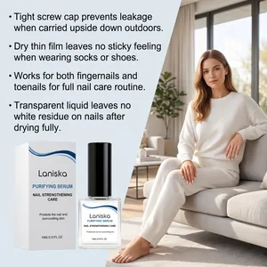 Detailed view of Laniska nail strengthening serum with lifestyle application on sofa
