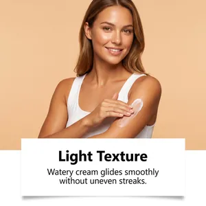 Nahaufnahme der wässrigen Bräunungscreme-Textur für einen gleichmäßigen bronzenen Glow.
