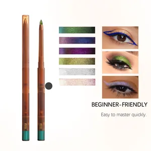 Détails du crayon eye-liner gel montrant divers échantillons scintillants et looks de maquillage