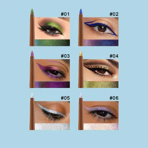 Présentation de six teintes d'eye-liner gel pailleté avec les looks de maquillage correspondants