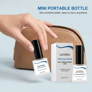 Laniska nail purifying serum 15ml bottle shown with a leather travel makeup bag