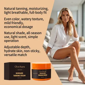 Detailansicht der OCEAURA Bräunungscreme mit Modell für ein glattes Bronze-Ergebnis.