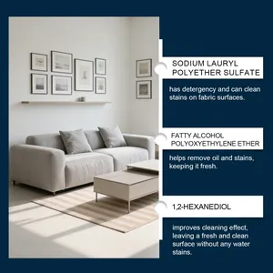 Detalles de los ingredientes del limpiador textil y salón con sofá minimalista.